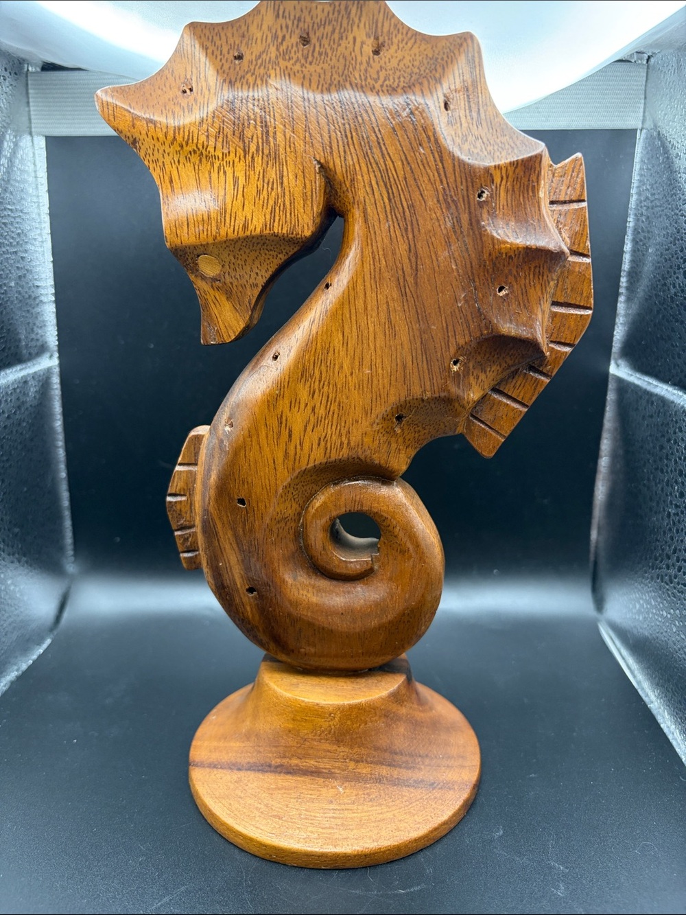 Vintage monkey pod wood carved seahorse toothpick/appetizer server.